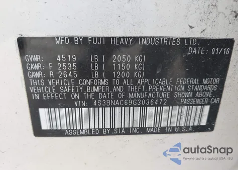 2016 Subaru Legacy 2.5I Premium z USA, uszkodzony, nr VIN 4S3BNAC69G3036472